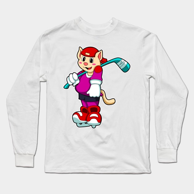 Cat at Ice hockey with Ice hockey stick & Cap Long Sleeve T-Shirt by Markus Schnabel